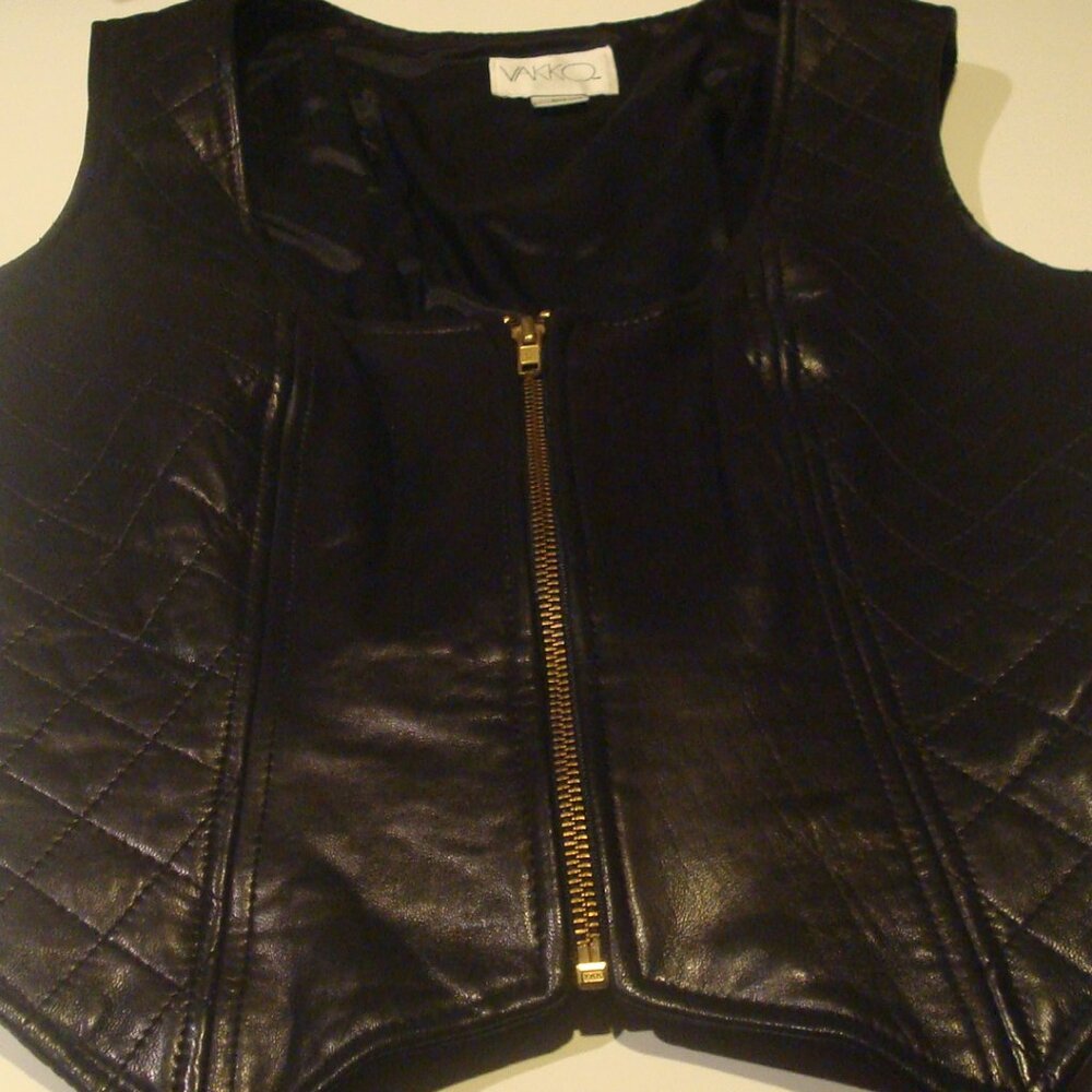 VINTAGE 80's VAKKO BLACK 100% GENUINE LEATHER QUILTED VEST CORSET BACK  SZM